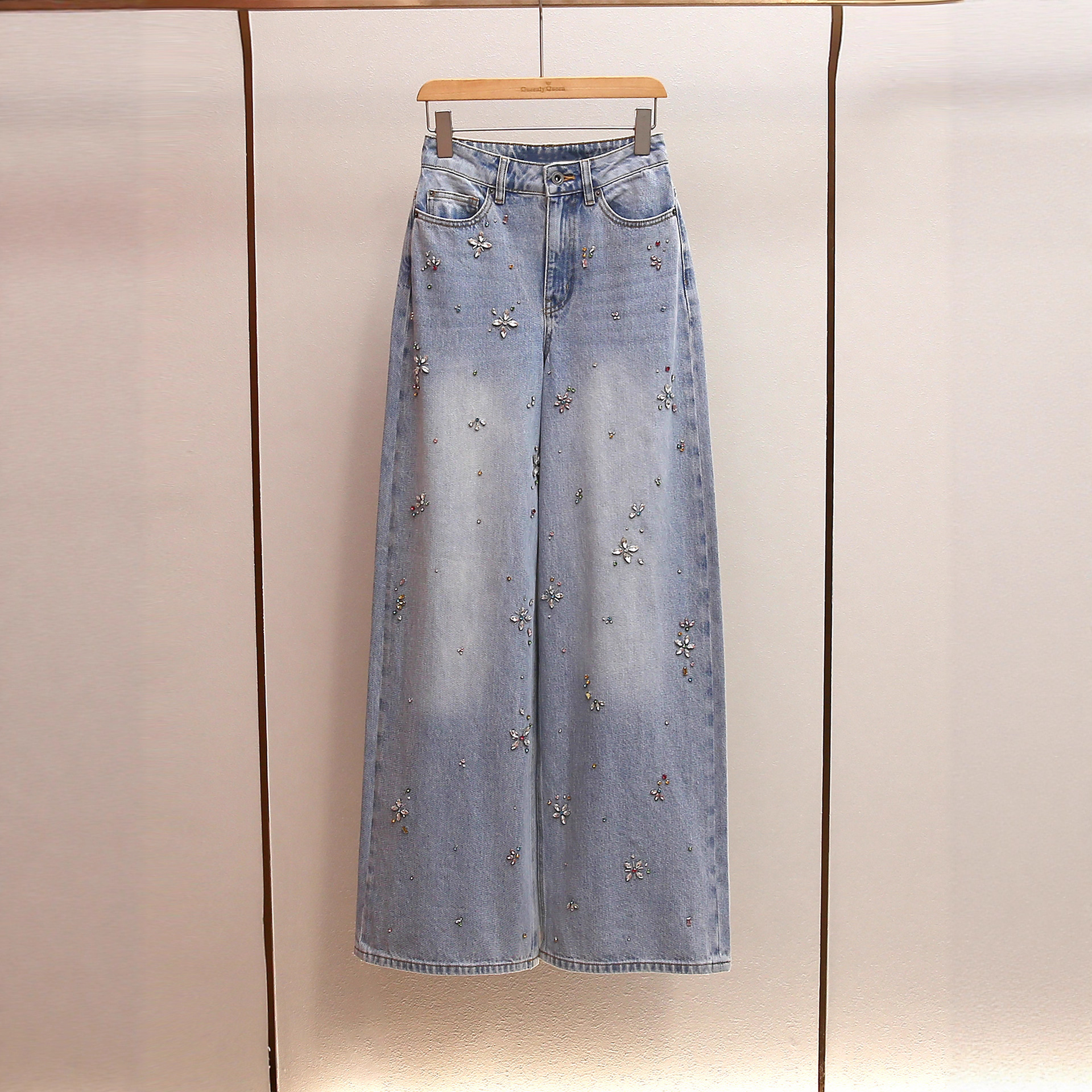 Sp Autumn New French Style Lazy Commuter A-Line High-Waisted Heavy Embellished Rhinestone Washed Wide-Leg Long Jeans for Women