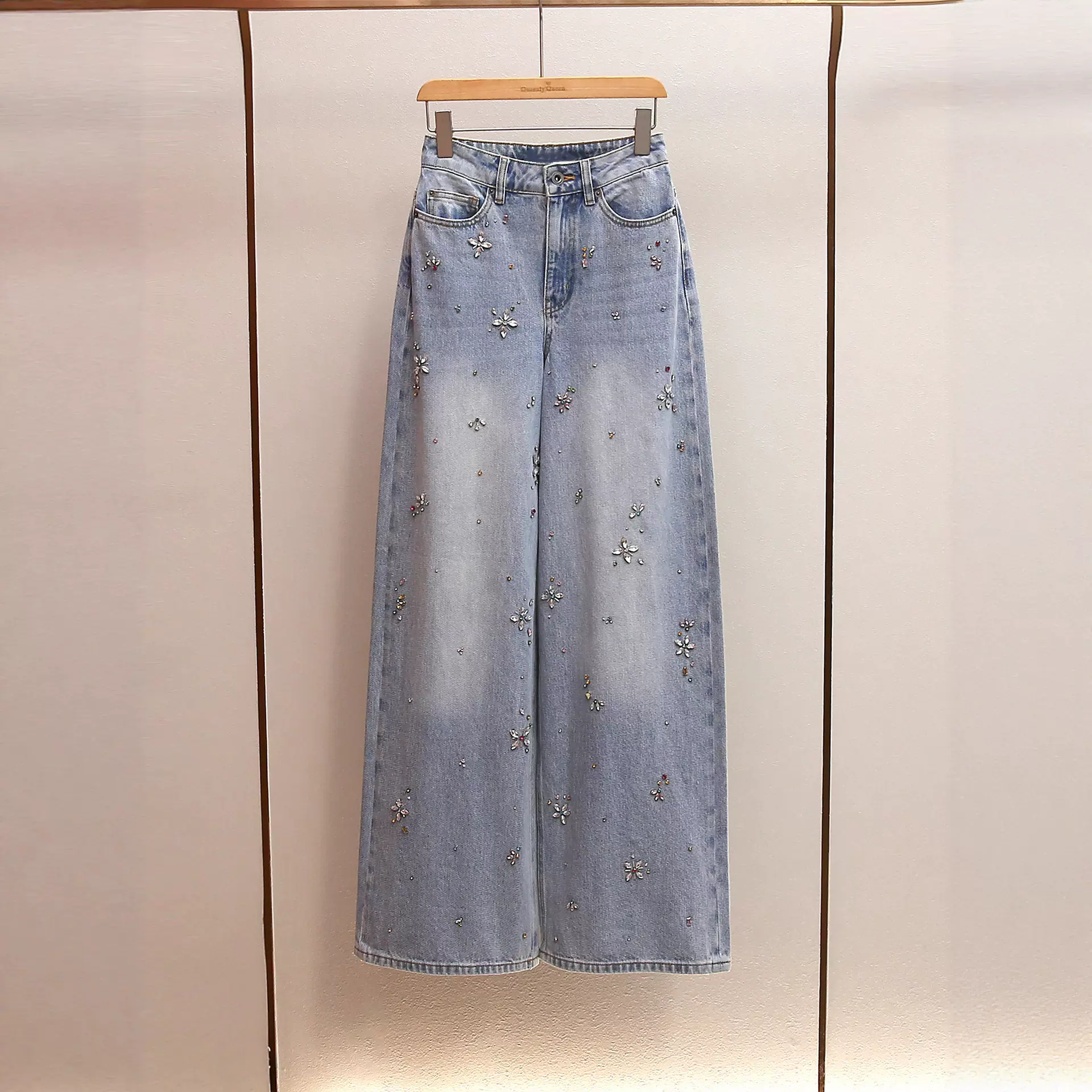 SP秋季新款法式慵懒通勤风A字高腰重工镶钻水洗阔腿长款牛仔裤女