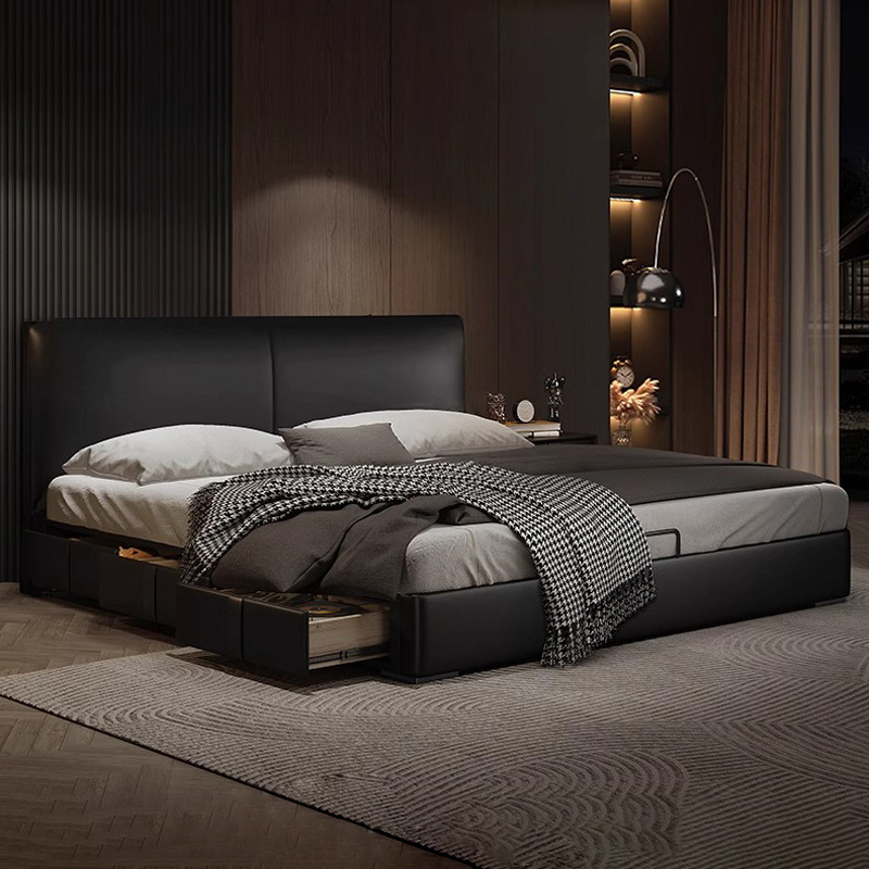 Cama de cuero simple italiana multifuncional doble cama principal tipo pequeño caja de almacenamiento cama de cuero negro