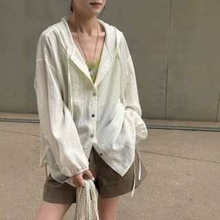 韩系中长款连帽防晒衣衬衫女2026设计感两侧抽绳休闲轻薄凉爽上衣