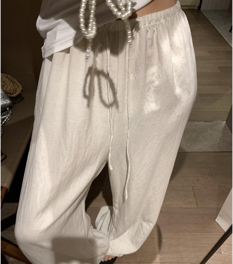 Quần culottes nữ ống rộng cạp chun rút dây chất liệu linen phối tencel dáng dài mùa hè — màu đen, Trà trắng, xanh lam chi tiết 4