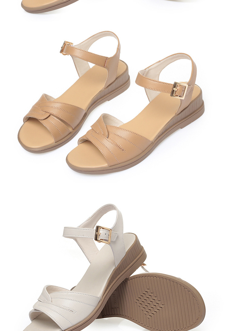 Sandal da bò đế bằng cho nữ trung niên, đế mềm chống trơn mùa hè — Màu be chi tiết 18