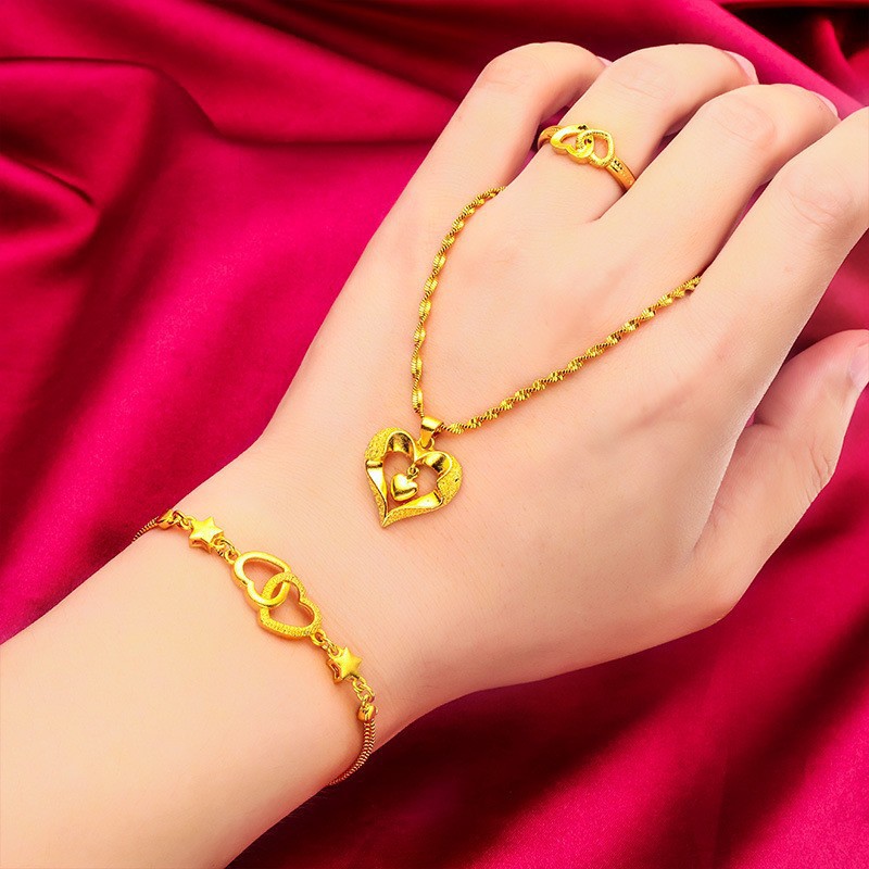 越南沙金双心项链三件套戒指手链女款气质首饰爱心吊坠饰品批发
