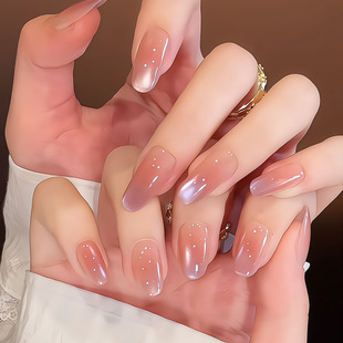 Purely Handmade Wearable Nails Ins Style Gentle Purple Gradient Glass Beads Sparkling Elegant Whitening Oval Manicure Patch