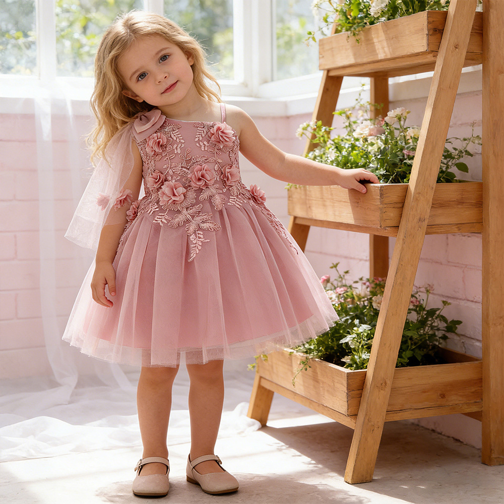 Vestido de lacio de fábrica vestido de novia blanco vestido de vestir chal vestido de princesa hinchada para niños