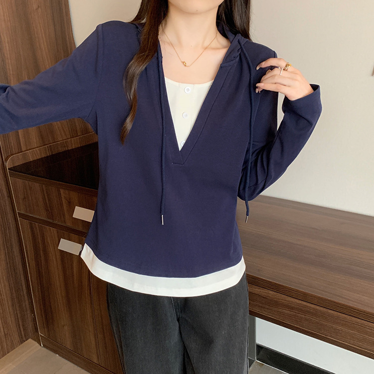 2025秋装新款胖mm大码女简约减龄撞色拼接假两件抽绳长袖卫衣上衣|undefined