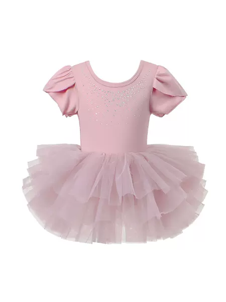 Cross-Border Children's Ballet Dress with Ruffled Short Sleeves, Rhinestones, and Cross-Back Mesh Skirt for Girls
