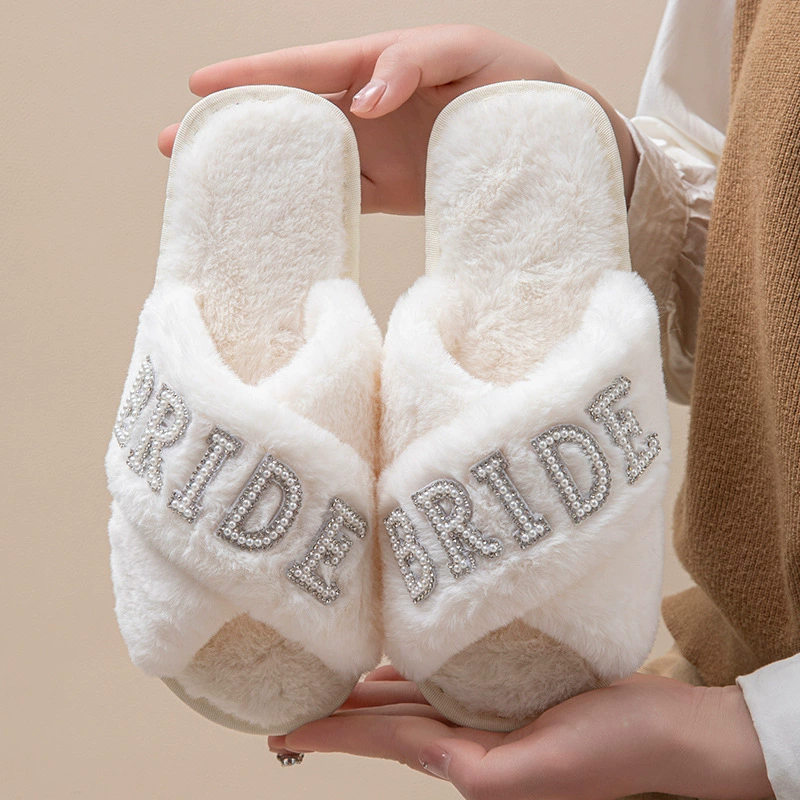 BRIDE IDO MRS Жемчужные свадебные плюшевые тапочки с надписью, подарок для вечеринки, популярные плюшевые тапочки в Европе и Америке