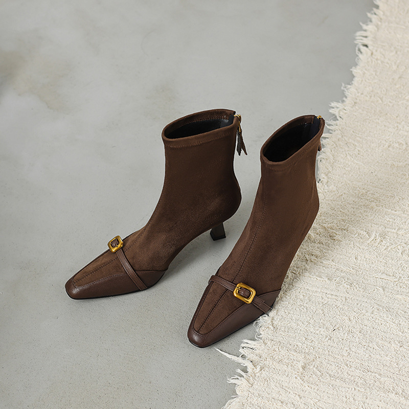 Beautiful Brown! 2025 Autumn and Winter Small Square-Toe Short Elastic Slim Boots for Women with Thin High Heels, Leather Belt, Square Buckle, Coffee-Colored Short Boots Beautiful Brown! 2025 Autumn and Winter Small Square-Toe Short Elastic Slim Boots for Women with Thin High Heels, Leather Belt, Square Buckle, Coffee-Colored Short Boots