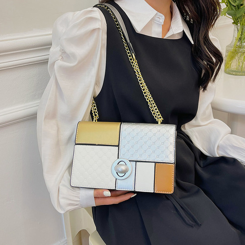 Stitching contrasting color chain bag 2024 spring new chain bag personalized embossed shoulder bag retro ladies crossbody bag