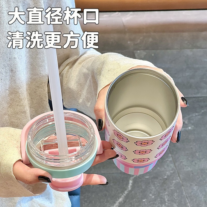 男女新款保温杯高颜值办公冰霸杯双饮带吸管提手便携学生水杯批发|undefined