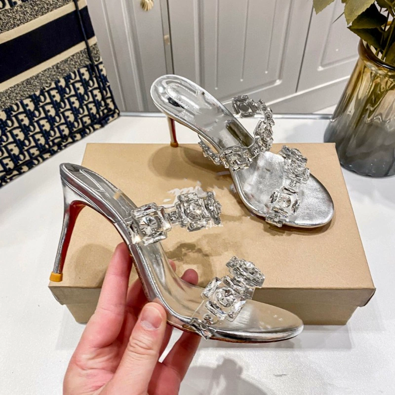 2025 новых туфель на высоком каблуке для улицы, босоножки на толстом каблуке для женщин, туфли на высоком каблуке с французскими стразами, красной подошвой и серебряным цветом.