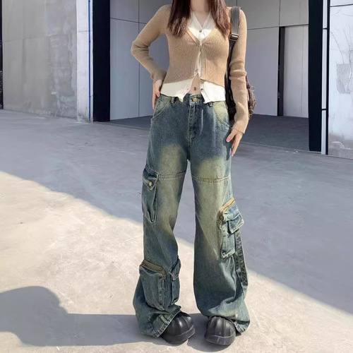 Cross-border American retro high street multi-pocket workwear jeans for women Y2K street straight leg wide-leg floor-length pants