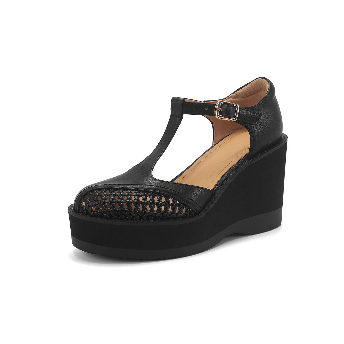 Sandal cao gót nữ quai ngang khóa T, đế dày platform, gót 9.5 cm — đen chi tiết 13