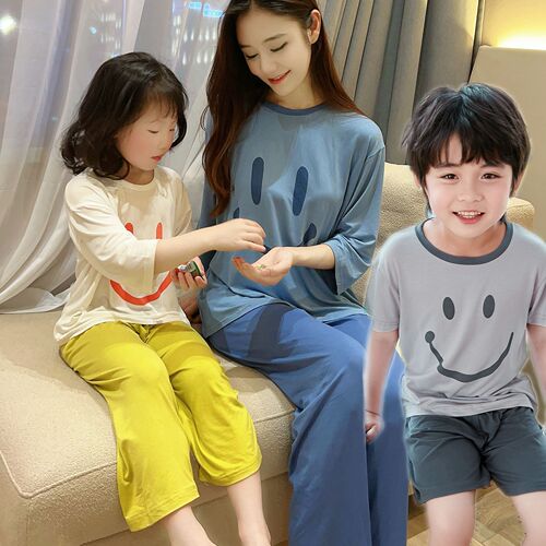 Spring and summer Modal children's home clothes, men's and women's baby pajamas, pajamas, air-conditioned clothes suits, smiling parent-child models