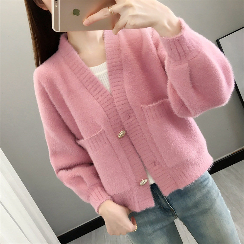 Mink like knitted cardigan women's new Korean version thickened short short short loose outer sweater spring coat