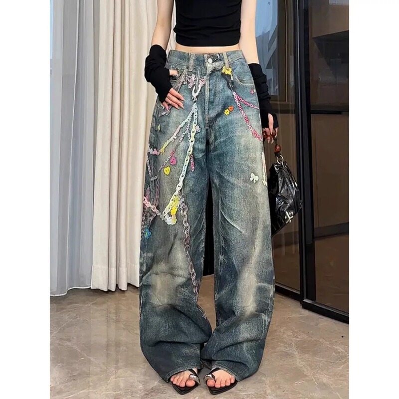 2026 American-Style Chain 3D Illusion Print Wide-Leg Jeans Unisex Summer New Fashion Street Straight Pants 2026 American-Style Chain 3D Illusion Print Wide-Leg Jeans Unisex Summer New Fashion Street Straight Pants