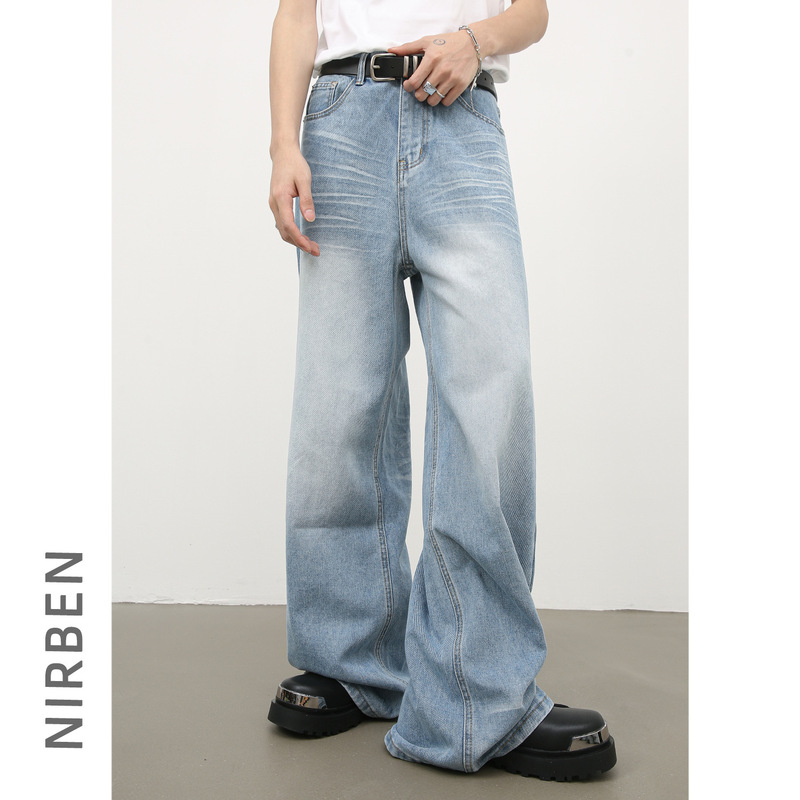 Nirben Denim | American Crease Old Washed Straight Jeans Men's High Street Loose Wide Leg Pants