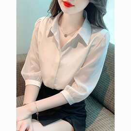 法式气质甜美翻领白衬衫女短袖洋气显瘦雪纺衫夏新款超仙漂亮上衣