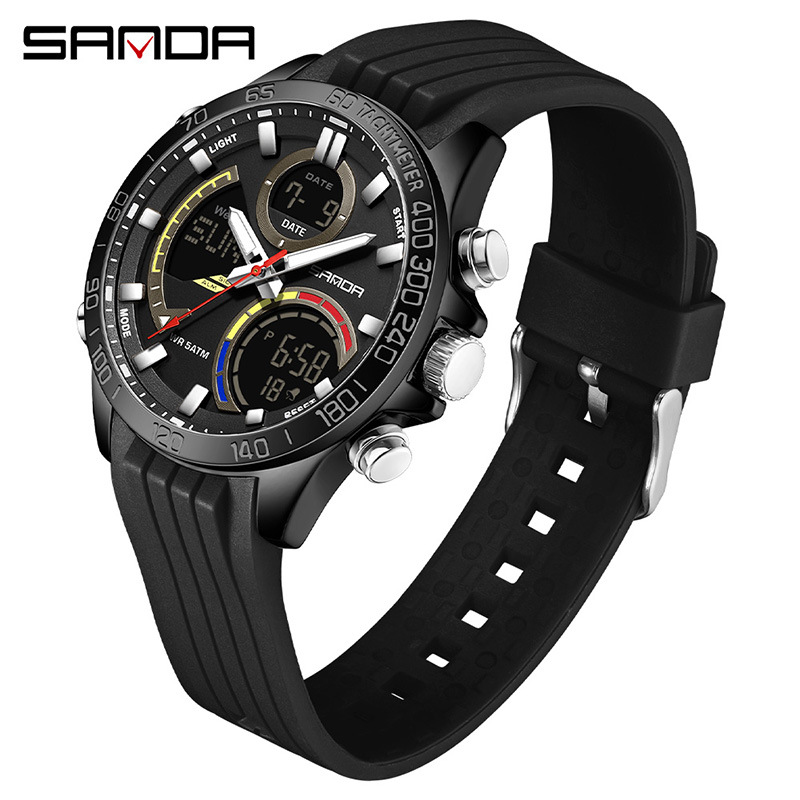 SANDA moda doble pantalla reloj electrónico para hombres multifuncional gran dial reloj de estudiantes de luz nocturna reloj de pulsera