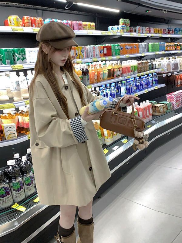 格子风衣外套女2025春新款中长款高级感小个子英伦风休闲大衣外套|undefined