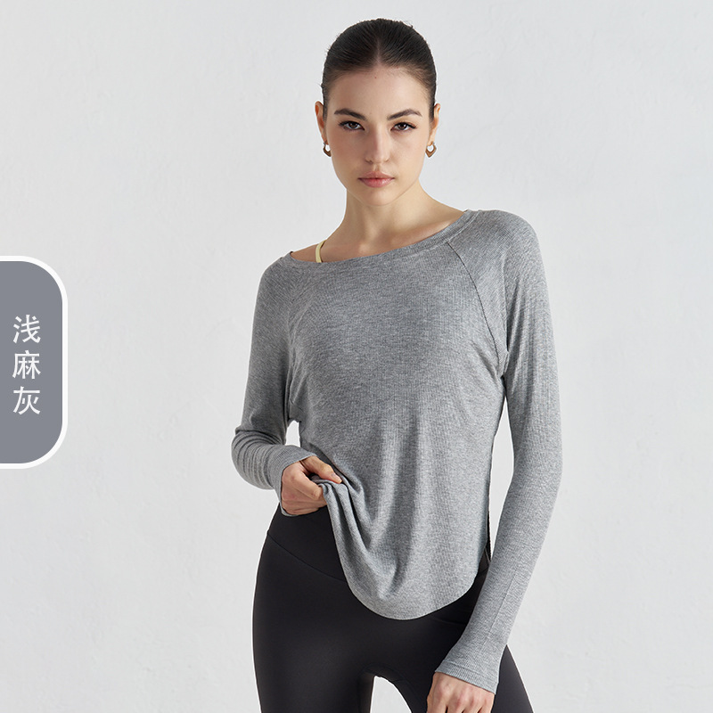 Otoño nuevo moda ropa de yoga suelta mujer sensación de hombro abierto chaqueta de yoga casual sensación deportiva de manga larga