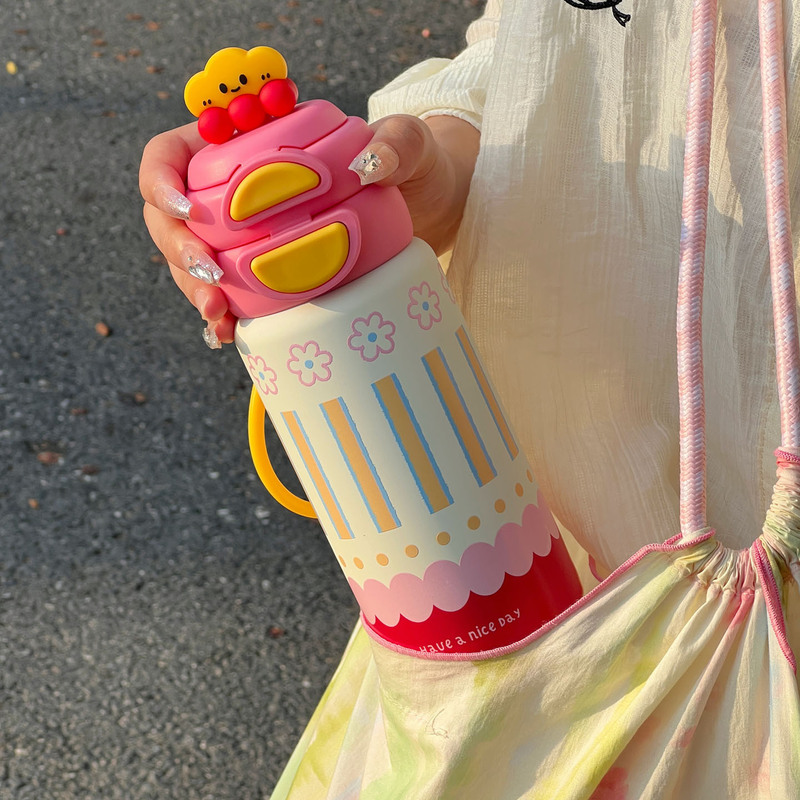 新款高颜值双饮吸管杯316不锈钢保温杯可爱公仔女生儿童水杯批发|undefined