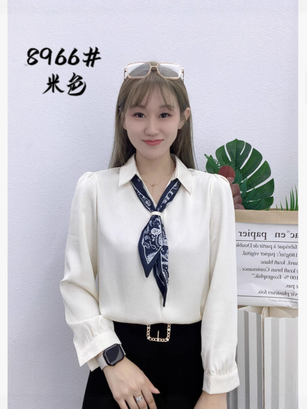 2025轻熟风丝巾衬衫领长袖T恤秋季新款设计感打底衫气质显瘦上衣|undefined