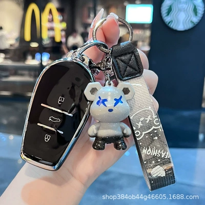 Suitable for Nissan N7 Key Cover 2025 Nissan N7 Car Supplies Max New Pro High-End Men's and Women's Buckle Shell Bag (Car key bag) - nissan-m-model-smart-3-button-single-shell-black-gray-violent-bear-pendant