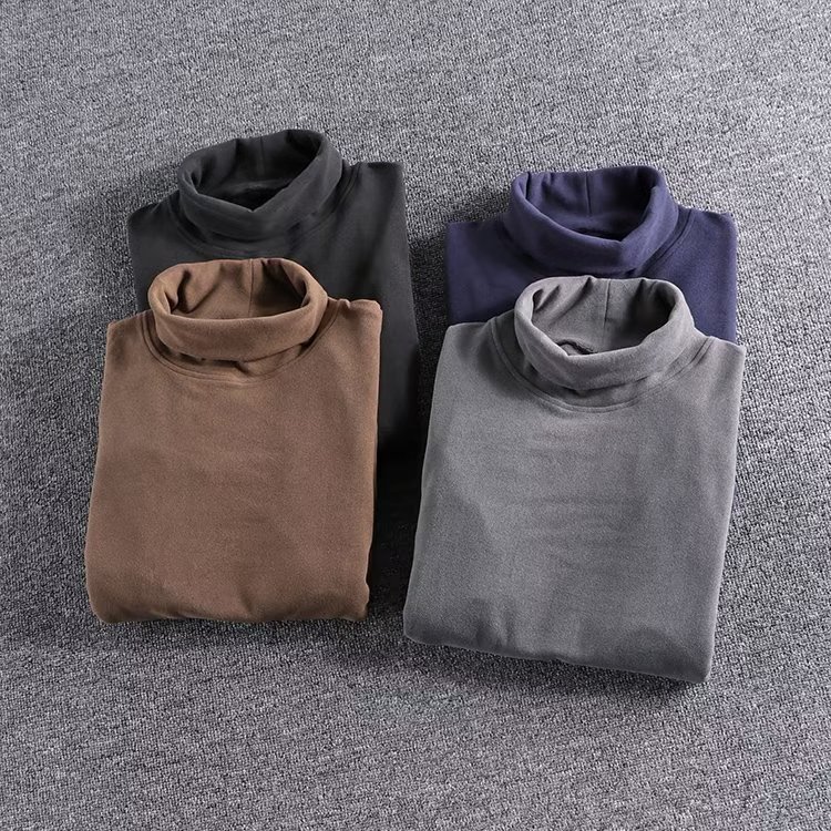 가을과 겨울 반 높이 칼라베이스 셔츠 남성용 양면 얇은 양털 긴팔 티셔츠가있는 남성용 간단한 따뜻한 빛 성숙한 스타일 탑