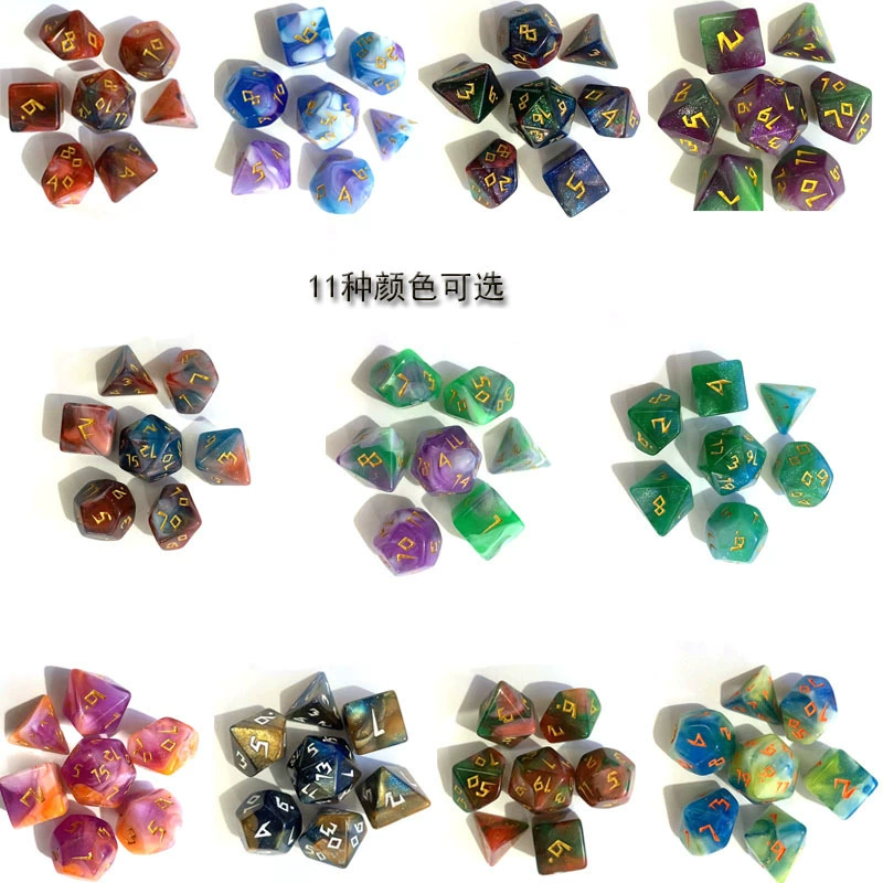 7‑piece polyhedral dice set, tricolor chameleon finish, standard DnD kit (d20–d4), multi‑color