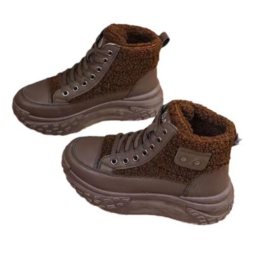 High-top Fleece Lined Thick Warm Cotton Shoes for Spring and Autumn/Winter, Thick Sole Height Increasing Sports Dad Shoes for Women