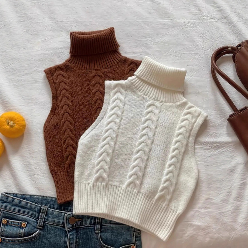 European and American Cross-Border Spring and Autumn New Fashion Double-Sided Twist High-Neck Sleeveless Versatile Knitted Sweater Vest Top Outerwear