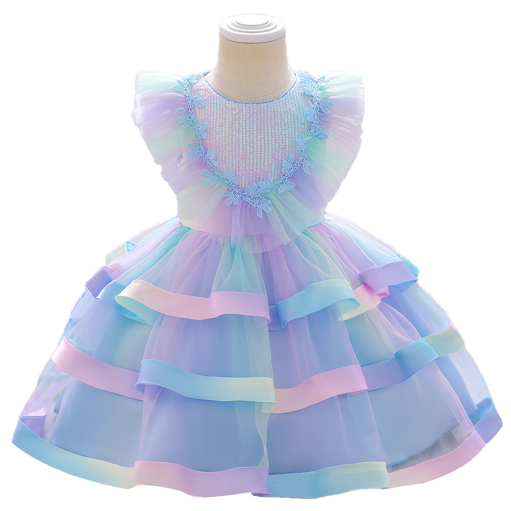 Vestido infantil nuevo 2026 con lentejuelas, falda de pastel multicolor en capas, tul abullonado, vestido de primer cumpleaños, disfraz infantil para actuación.