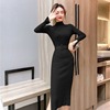 High collar solid color slit knitted sweater A-line dress party dress long sleeve dress