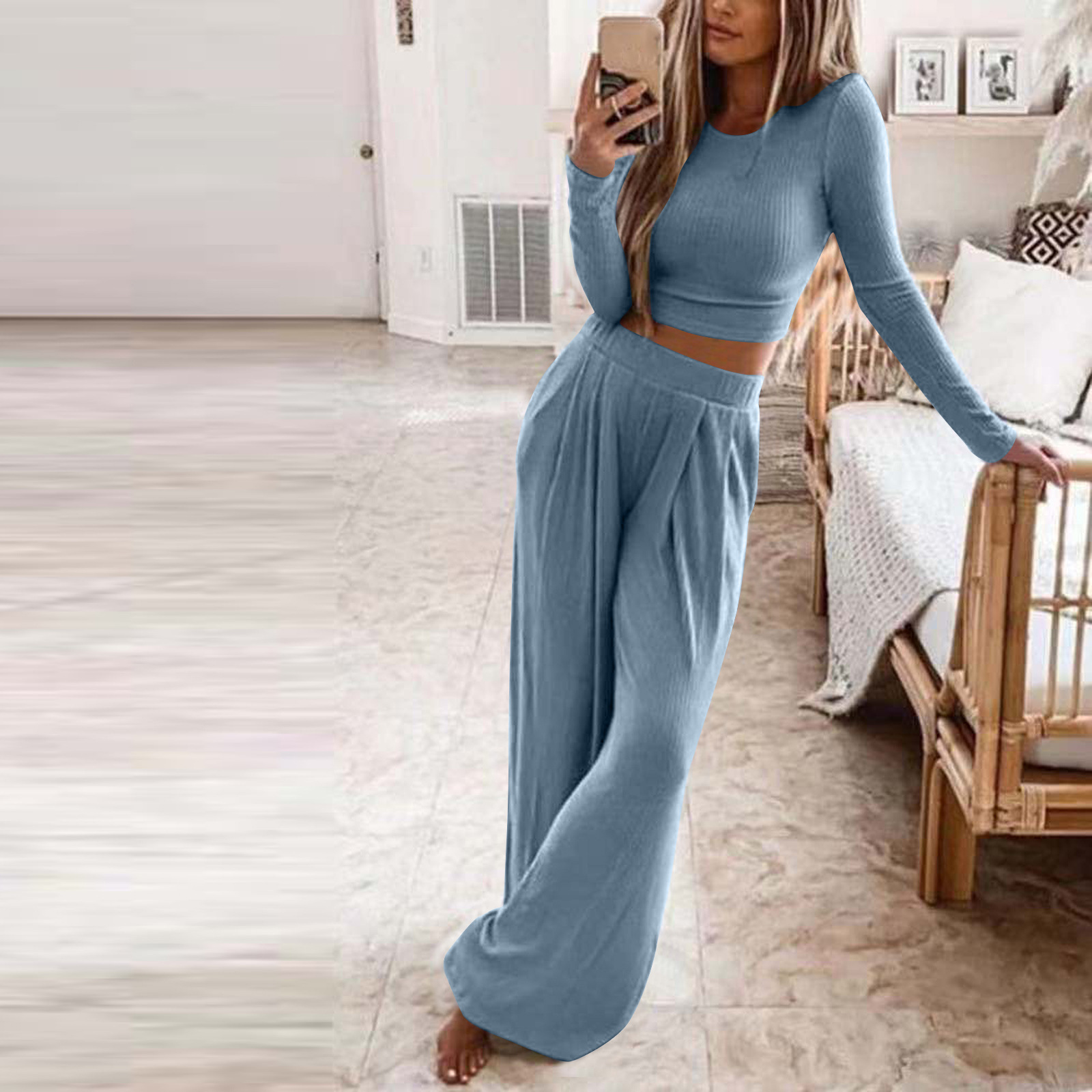 Patchwork Design Fashion Style Daily Women'S Fashion Solid Color Cotton Blend Polyester Patchwork Pant Co-ord Set Pants Sets