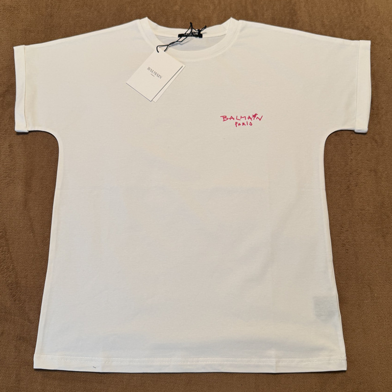 2025 New Balmain Short-Sleeved T-Shirt with Rolled Sleeves and Flocked Chest Small Letters Round Neck Women's Clothing