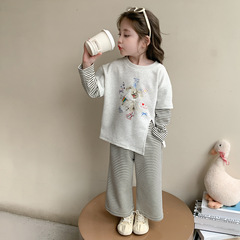 韩国女童开叉条纹套装春秋款儿童洋气2025新款宝宝两件套跨境童装