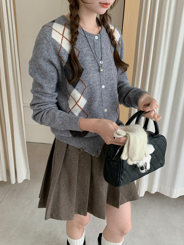 学院风风100羊毛开衫女圆领简约休闲针织外套宽松长袖百搭毛衣女|undefined