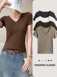 Spring summer base body-friendly fashionable short sleeve T-shirt, increased thickness, V-neckline, slim fit, plus size