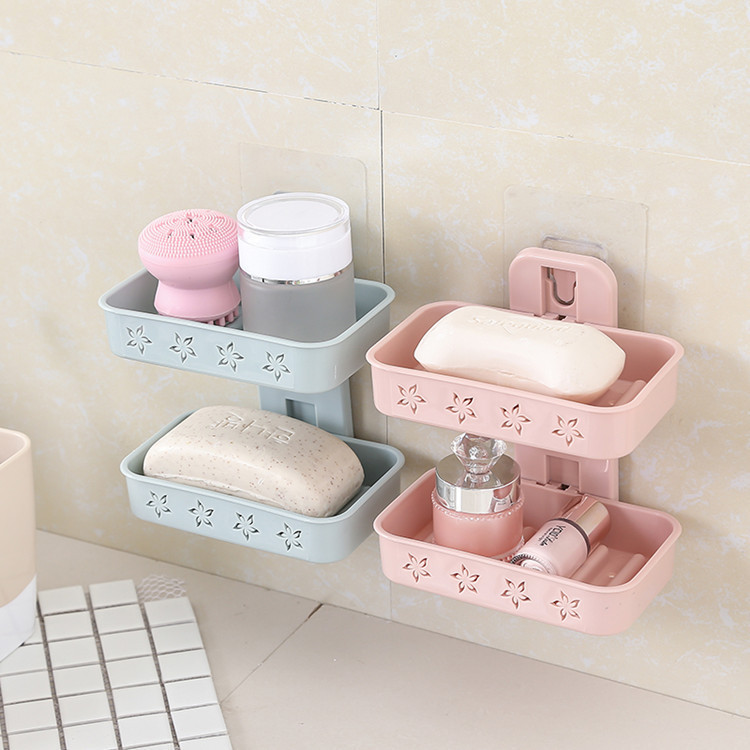 Caja de jabón de doble capa drenaje Pared de succión baño pared colgante creativo baño jabón rack almacenamiento ponche-bandeja libre