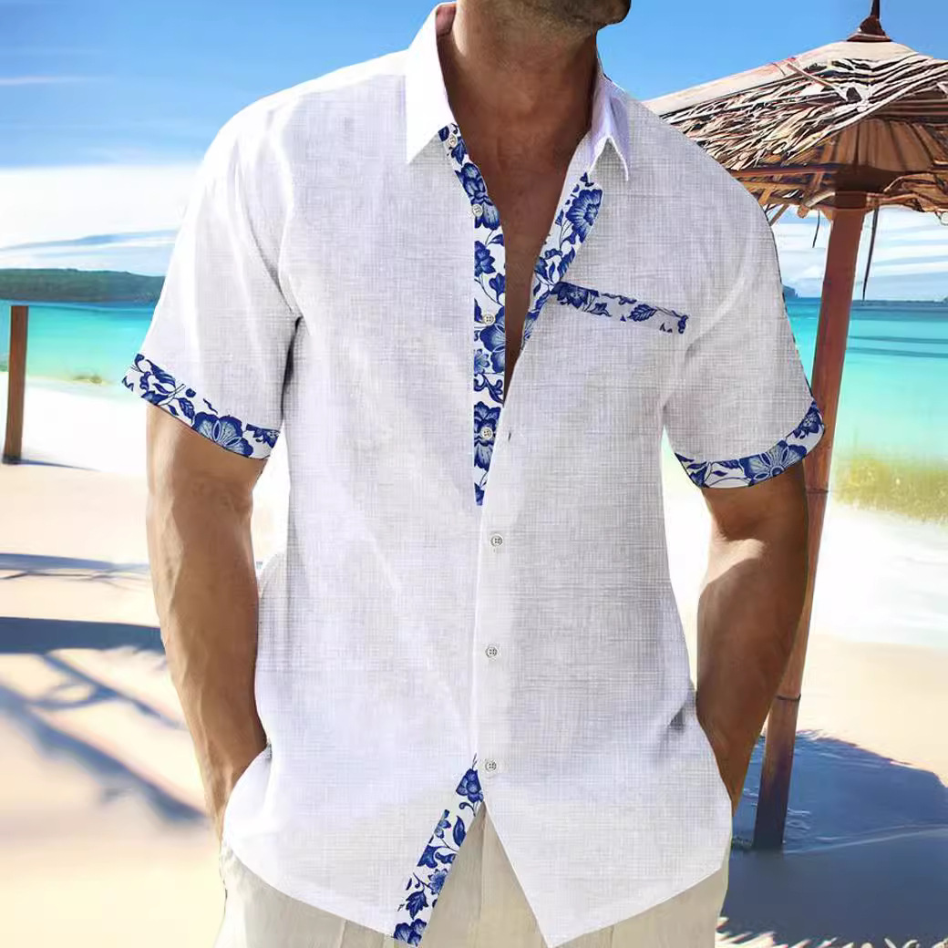 Cardigan décontracté à manches courtes pour hommes, chemise de plage hawaïenne à col Polo contrasté sur le devant, 2024, 2119_voghion.com