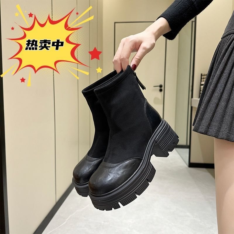 Genuine leather, thick-soled, non-slip, elastic rubber boots for women, 2025 autumn/winter new collection, retro British style, thin fleece lining, slim fit Genuine leather, thick-soled, non-slip, elastic rubber boots for women, 2025 autumn/winter new collection, retro British style, thin fleece lining, slim fit