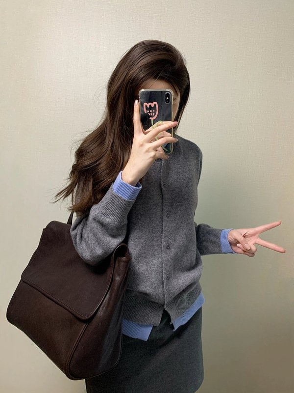 韩版hiphop灰色软糯针织衫女春秋高级感气质休闲百搭纽扣开衫外套|undefined