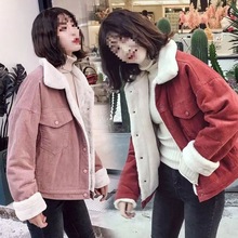 灯芯绒外套女秋冬新款韩版宽松羊羔毛加绒加厚学院风条绒上衣