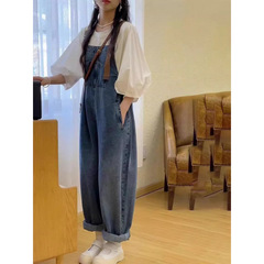 微胖时髦套装小个子穿搭春季泡泡袖上衣水洗牛仔背带裤两件套女