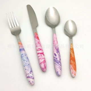 厂家热销新款定制刀叉勺2026印花大理石木纹夹柄不锈钢餐具套装
