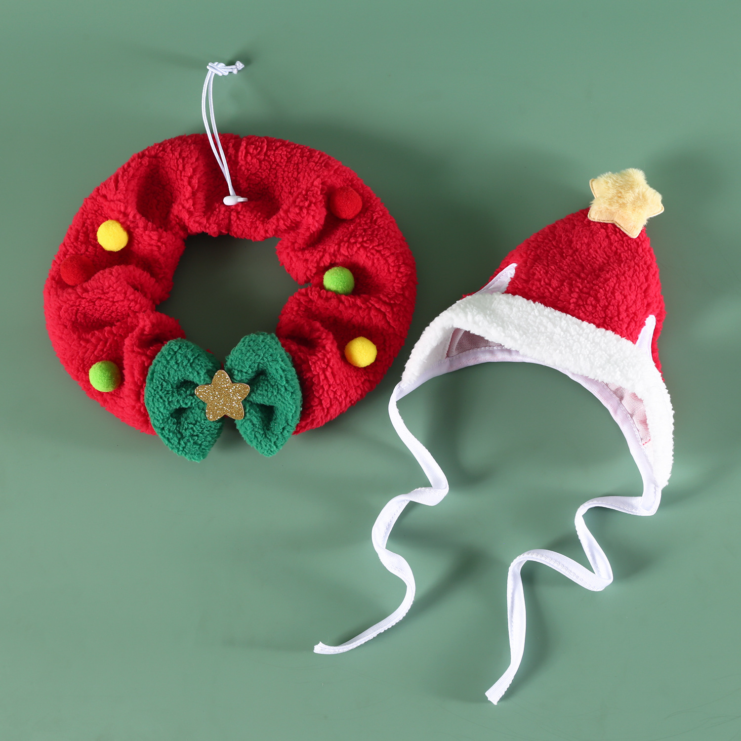 2025 Pet Christmas Set felpa estrella de cinco puntas gato cachorro lazo babero sombrero capucha cálido comercio exterior