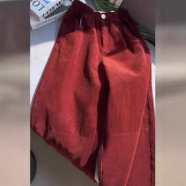 新年红色灯芯绒阔腿裤子女秋季新款今年流行爆款小个子宽松直筒裤