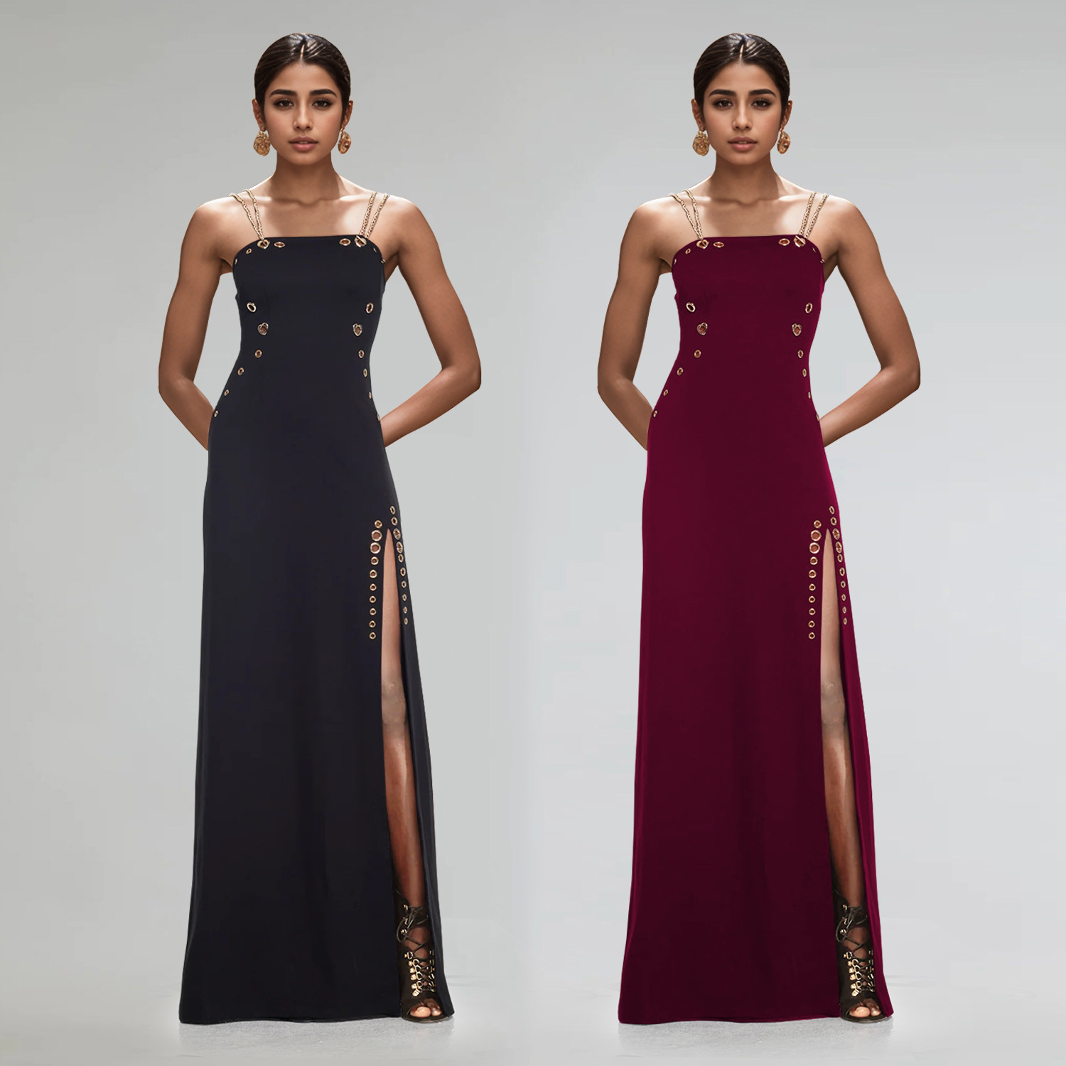 C7522 Aliexpress transfronterizo amazon ropa de moda europea y americana de mujer elegante cadena de oro sexy vestido de horquilla